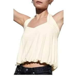Free People‎ Cece Milk Blossom Top Ivory Cream Halter Top Bubble Womens L NWT